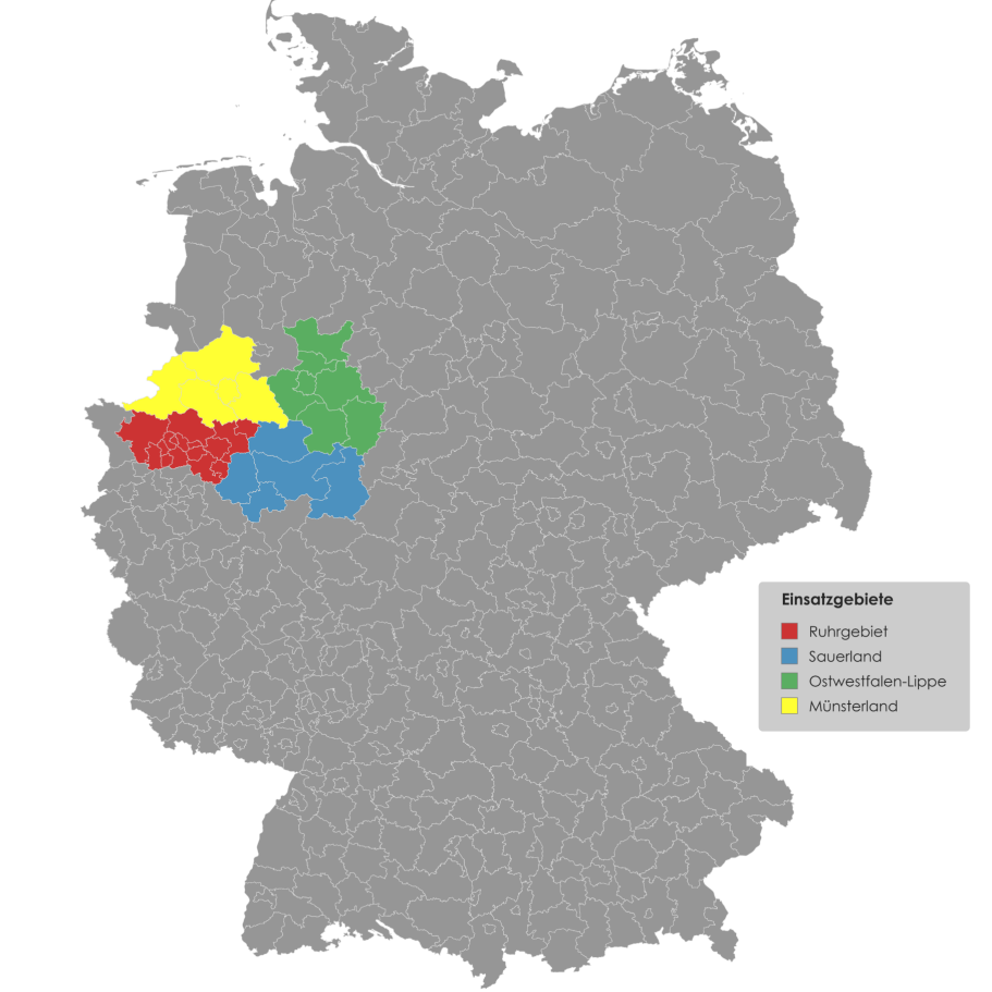 Deutschland Karte mit den eingezeichneten Feldern des Einsatzgebietes wie Ruhrgebiet, Sauerland, Ostwestfalen-Lippe, Münsterland